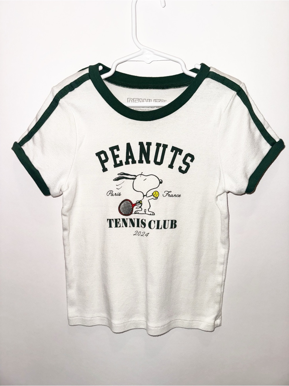 Peanuts White Tee with Dark Green Trim and Snoopy Tennis Graphic